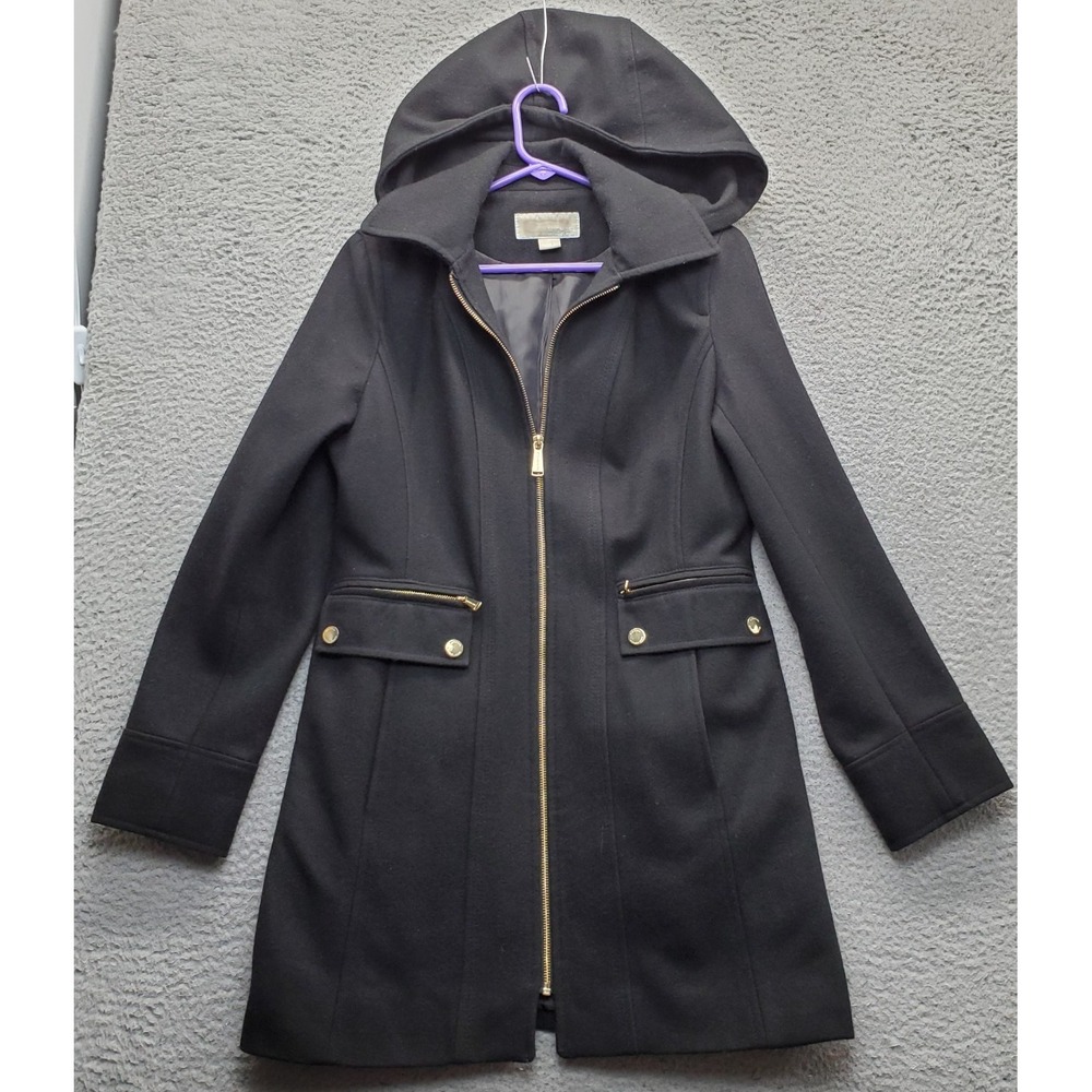 Michael Kors Peacoat Womens 4 Black Wool Blend Detachable Hooded Full Zip EUC